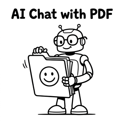 Happy robot wearing reading glasses having a conversation with an oversized PDF document