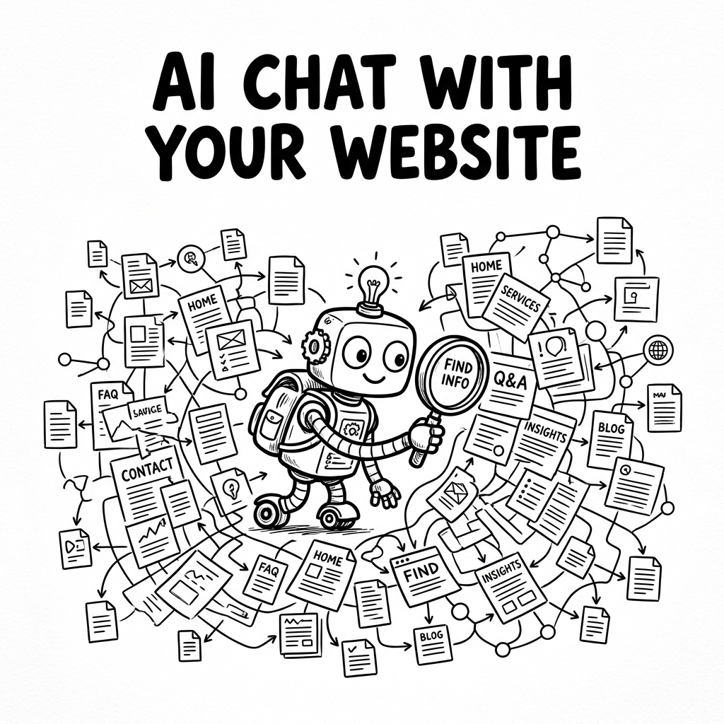 Cartoony illustration of a robot exploring a sprawling web of connected pages with a magnifying glass