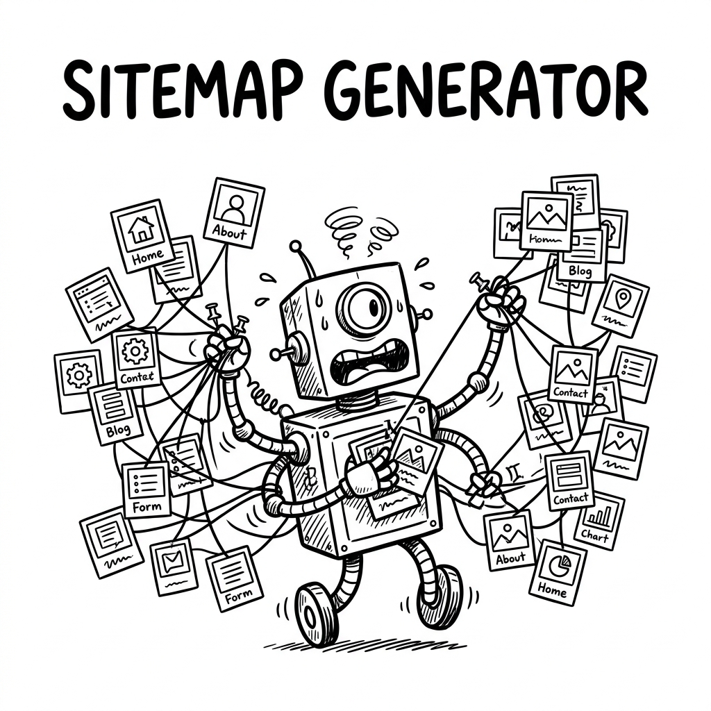 Humorous cartoony spider crawler generating a sitemap